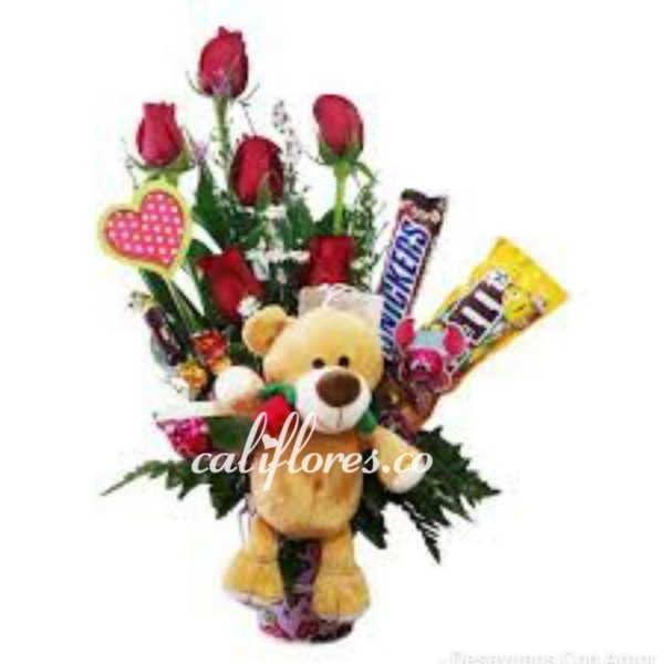 Arreglo rosas y chocolates - peluche